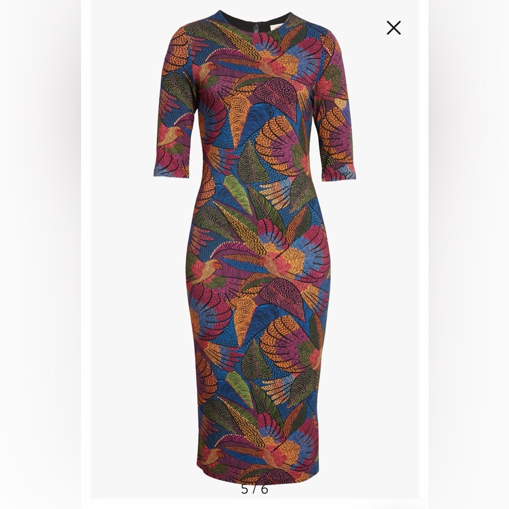 Farm Rio Dotted Macaws midi jersey dress size large floral bohemian sheath - Picture 2 of 11